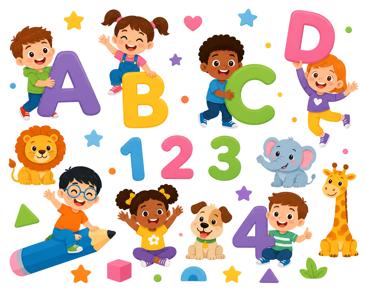 Cartoon children playing with letters, numbers, shapes and friendly animals
